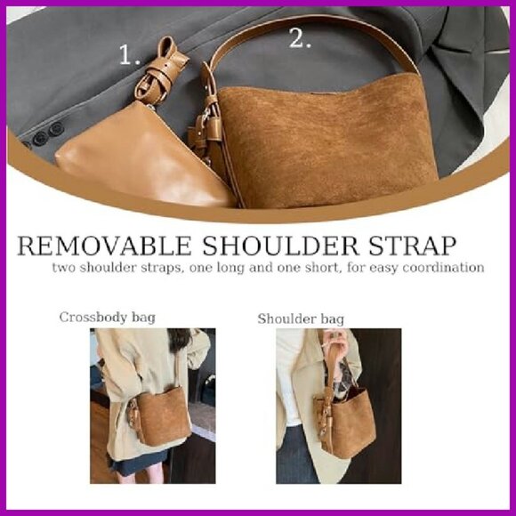 Suede Bucket Bag with Detachable Straps, Crossbody Shoulder Handbag - Picture 5 of 7